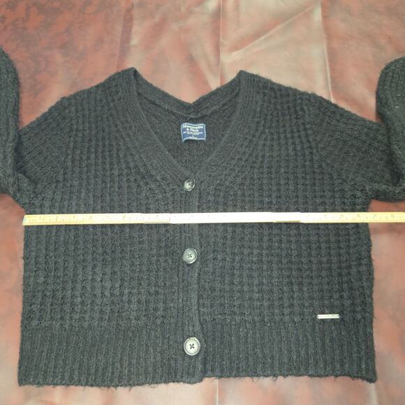 Abercrombie & Fitch Black Knit Cardigan Womens L‎ Textured Cropped Ballon Sleeve - Picture 9 of 11